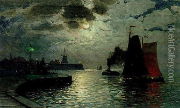 A Moonlit Harbor, Angelr Oil Painting - H. Petersen