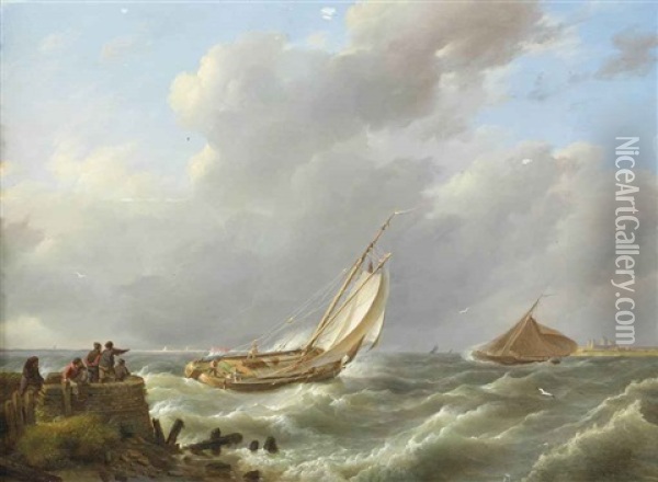 A Sailing Boat On Choppy Waters, Muiden In The Distance Oil Painting - Johannes Hermanus Koekkoek