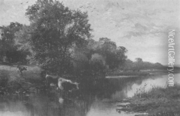 Cows Passing Through A Stream Oil Painting - Walter Wallor Caffyn