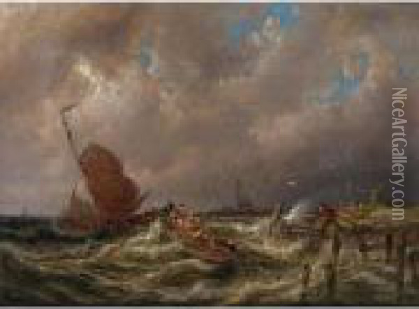 A Sailingvessel In Heavy Weather Oil Painting - Pieter Cornelis Dommershuijzen