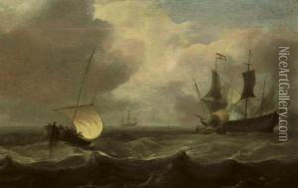 Sailing Vessels In A Stiff Breeze With A Man O'war Firing A Salute Oil Painting - Hendrick Dubbels