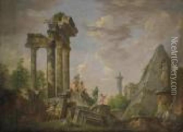 Capriccio Of Classical Ruins 
With The Pyramid Of Caius Cestius,trajan's Column And Other Roman 
Monuments Oil Painting - Giovanni Niccolo Servandoni