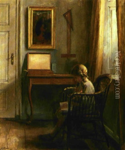 Interior Med Laesende Pige Ved Vinduet Oil Painting - Johannes Ottesen