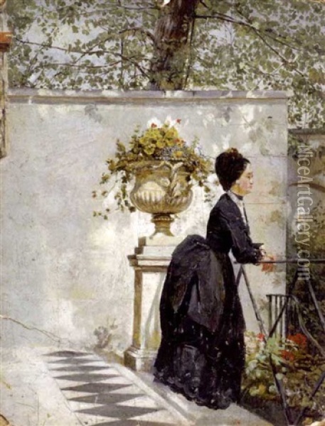 Woman In Black Dress Standing On A Balcony (+ Man Playing Croquet, Smaller; 2 Works) Oil Painting - Conrad Wise Chapman