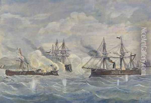 Naval Combat beween the Peruvian Ship Huascar against the Chilean Blanco Encalada and the Cochrane in 1879 Oil Painting - Rafael Monleon y Torres
