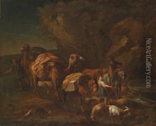 An Oriental Landscape With Camel Drivers And Herders Oil Painting - Nicolaes Berchem