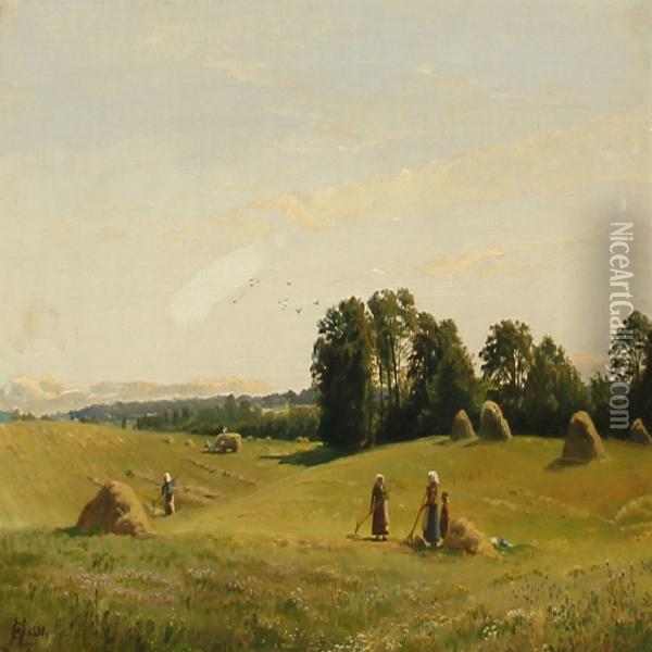 Harvest Scene From Dronninggaard, Denmark Oil Painting - Olaf August Hermansen