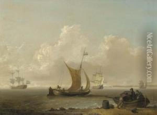 A Dutch Warship And Merchantmen 
In An Estuary, With Figuresunloading Barrels On The Foreshore Oil Painting - William Anderson