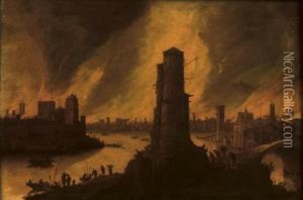 A Burning City By A River With Figures Fleeing In The Foreground Oil Painting - Dirck Verhaert