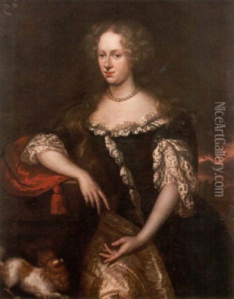 Portrait Of A Lady Wearing A Blue Dress Trimmed With Lace, Leaning On A Red Cushion On A Stone Plinth Beside A King Charles Spaniel Oil Painting - Jan Vollevens the Elder