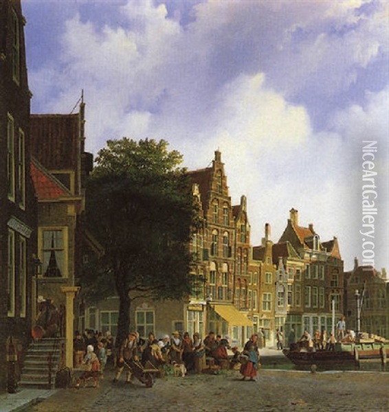A View In A Town With Several Villagers By A Grocery Market And Workers Unloading A Cargo Boat Nearby Oil Painting - Johannes Rutten