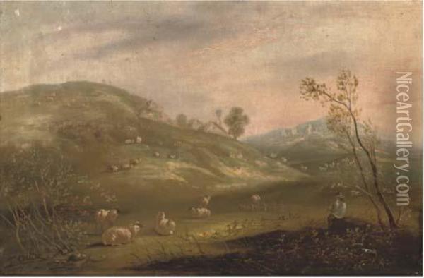 A Shepherd And His Flock On A Hillside With Cottages In Thedistance Oil Painting - John Maler Collier