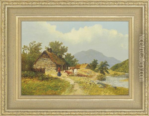 Figures By A Ruined Castle; A Milkmaid At A Barn Oil Painting - James Hall Cranstoun