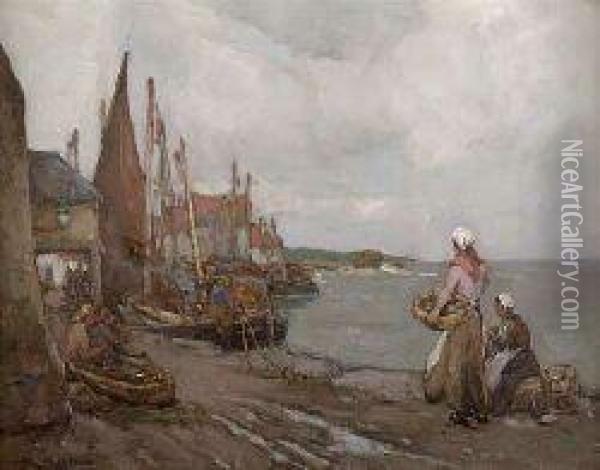 A Busy Harbour Scene, Pittenweem Oil Painting - William Watt Milne