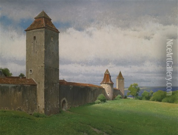 Wolkenschatten (burghausen, Frauenturm, Storchenturm, Pulverturm) Oil Painting - Ferdinand Brunner
