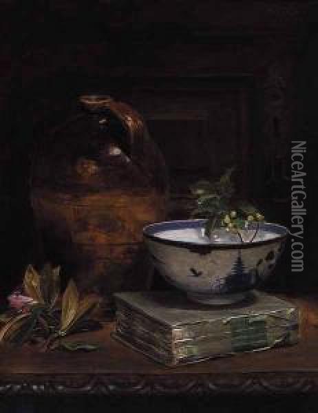 Holly In Blue And White Bowl Oil Painting - William Merritt Chase