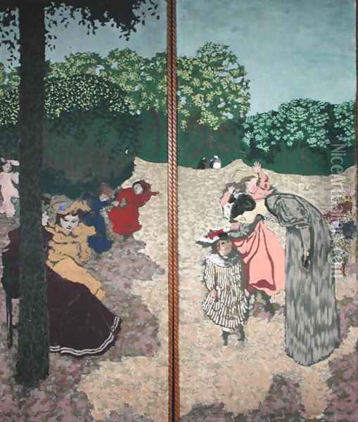 The Public Gardens: Young Girls Playing and the Interrogation, 1894 Oil Painting - Jean-Edouard Vuillard