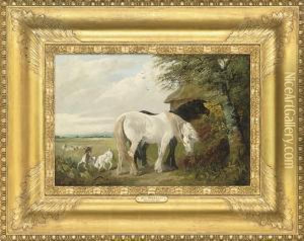 Horses And Chickens In A Farmyard; And Horses And Goats In Afield Oil Painting - Henry Charles Woollett