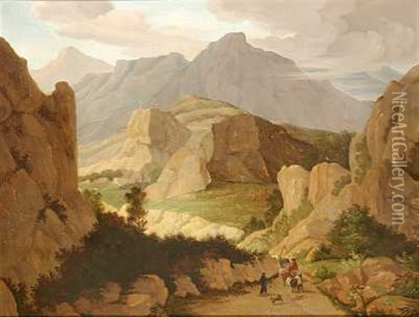 Rejsende I Et Bjerglandskab Oil Painting - Jens Peter (I.P.) Moeller