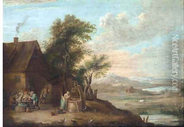 A river landscape with peasants smoking and drinking outside an inn, with a women getting water from a well Oil Painting - David The Younger Teniers