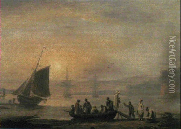 Disembarking From The Ferry, Teignmouth [and]     Fishermen On The Shore, Teignmouth Oil Painting - Thomas Luny