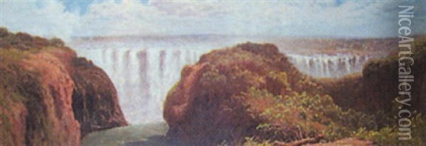 Extensive Landscape With Waterfall (victoria Falls?) Oil Painting - Edward Henry Holder