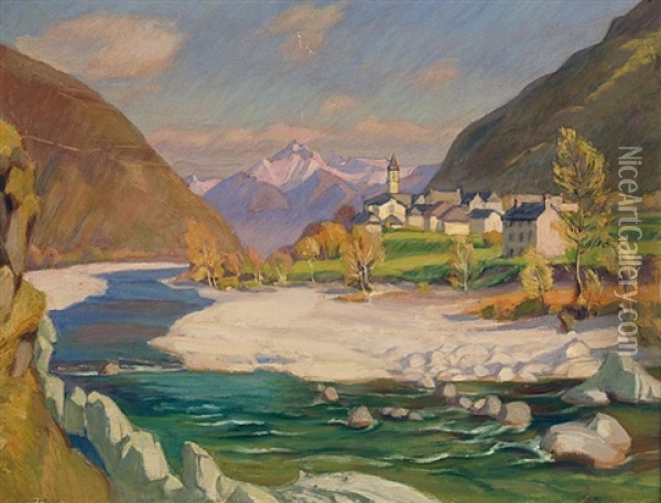 Valley In Southern Switzerland With A Church Oil Painting - Franz Jakob Elmiger