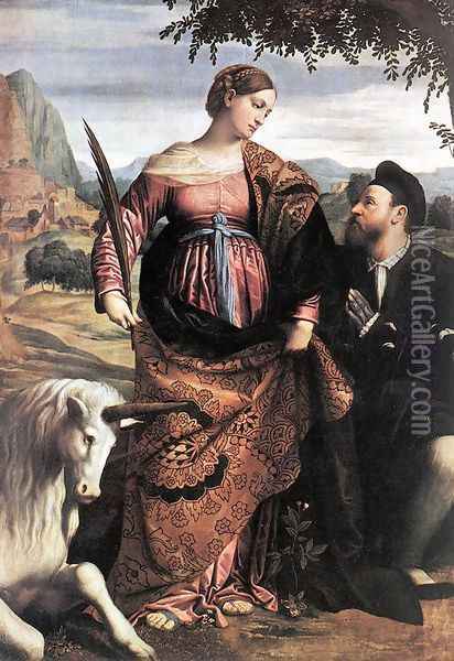 St Justina with the Unicorn Oil Painting - Moretto Da Brescia