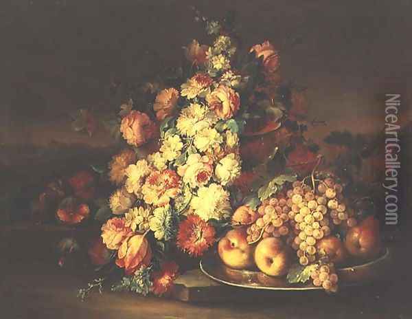 Still Life with Flowers and a Pewter Plate with Fruit Oil Painting - Maximilian Pfeiler