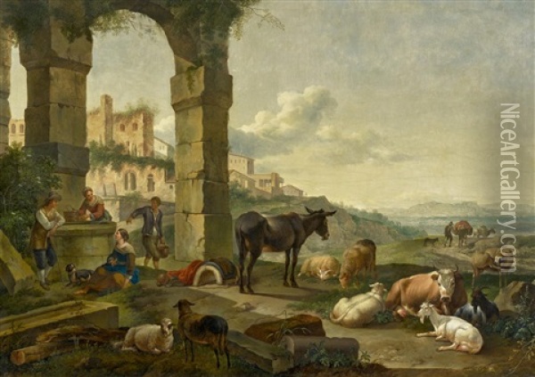 Hirten Mit Ihrem Vieh Am Brunnen In Antiker Ruinenlandschaft Oil Painting - Johann Heinrich Roos
