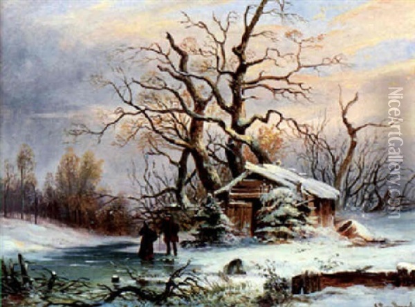 Winterlandschaft Mit Figurlicher Staffage Oil Painting - Elias Pieter van Bommel