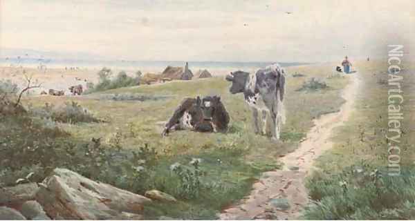 Cows resting above the coast Oil Painting - Thomas Lloyd