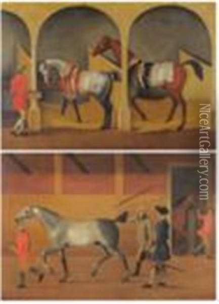 Two Racehorses And A Groom In A Stable Interior; A Racehorse And Other Figures Before A Stable (pair) Oil Painting - James Seymour