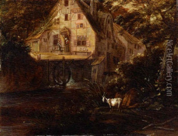 A Wooded Landscape With A Mill And A Goat By A River Oil Painting - Claes Jansz van der Willigen