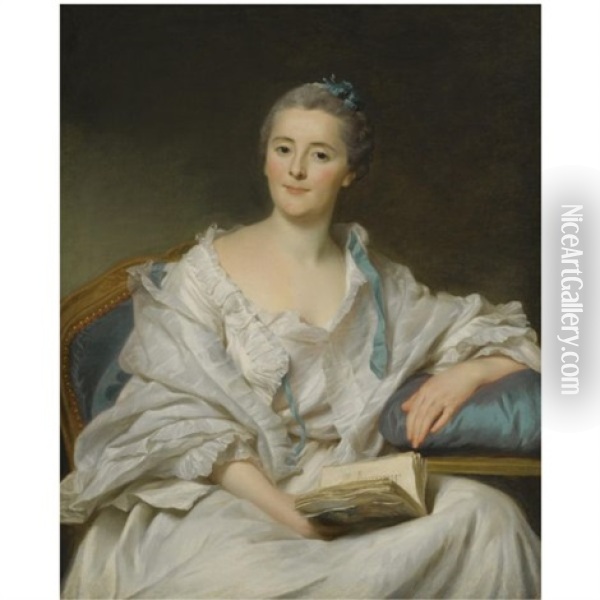 Portrait Of Marie-francoise Julie Constance Filleul, Marquise De Marigny, Seated, Holding An Open Book In Her Right Hand Oil Painting - Alexander Roslin