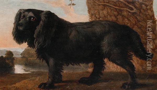 A Black Spaniel In A Landscape Oil Painting - George Stubbs