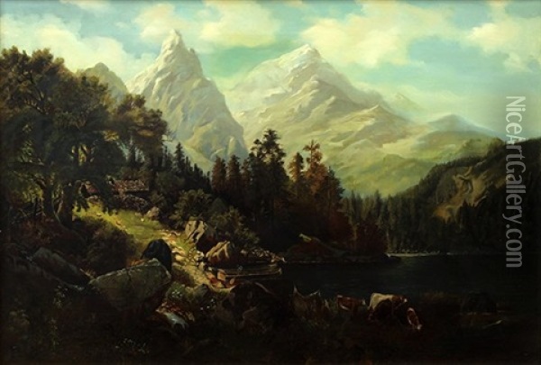 Mountain Vista With Homestead By A Lake Oil Painting - Hermann Herzog