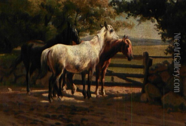 Tre Heste Ved Et Led Oil Painting - Adolf Heinrich Mackeprang