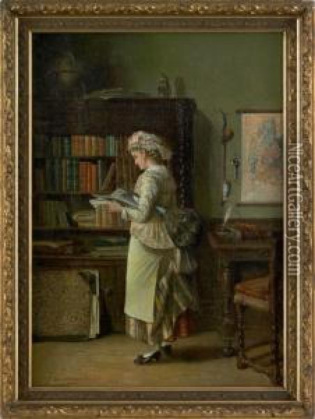 Interior Scene With A Young Woman Reading Oil Painting - John Stevens