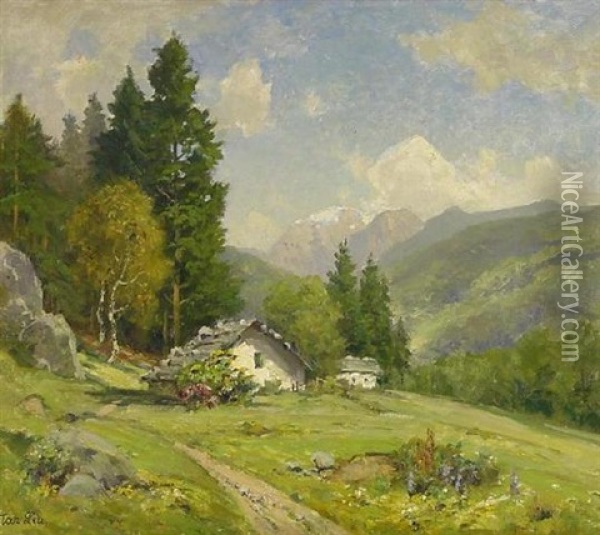 Berghutte In Sommerlicher Gebirgslandschaft Oil Painting - Oskar Leu
