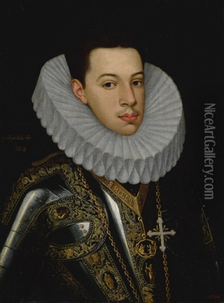 Portrait Of Prince Felipe Emmanuele Of Savoy (1586-1605), Half-length, Wearing The Badges Of The Orders Of The Annunziata And St. Mauricius And Lazarus Oil Painting - Juan Pantoja de la Cruz