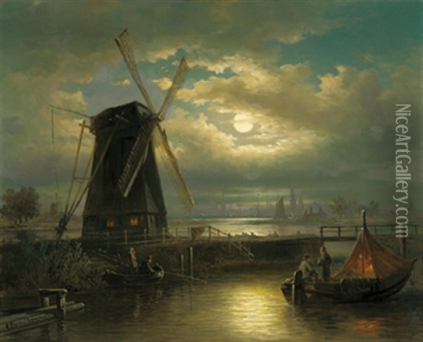 Fischer Im Hafen Bei Mondbeleuchtung Oil Painting - Elias Pieter van Bommel