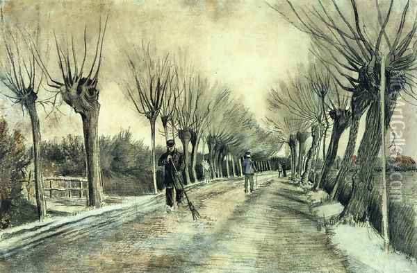 Road with Pollarded Willows and a Man with a Broom Oil Painting - Vincent Van Gogh