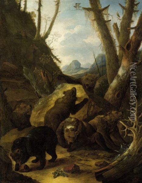 Landschaft Mit Spielenden Baren Oil Painting - Johann Heinrich Roos