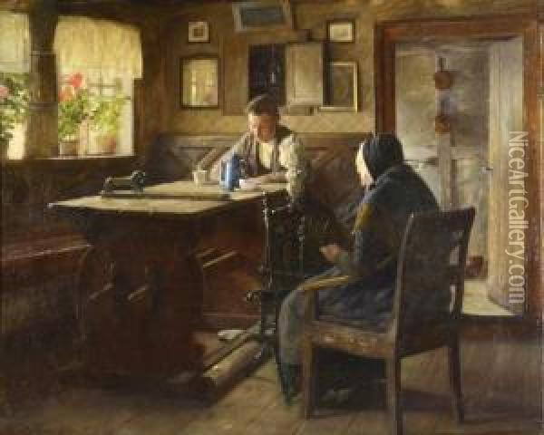 Interior Med Kvinna Vid Spinnrock Och Kaffedrickande Man Oil Painting - Gustav Vermehren