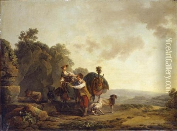 Travellers With Hounds And Heavily Laden Mules At A Well Oil Painting - Philip James de Loutherbourg