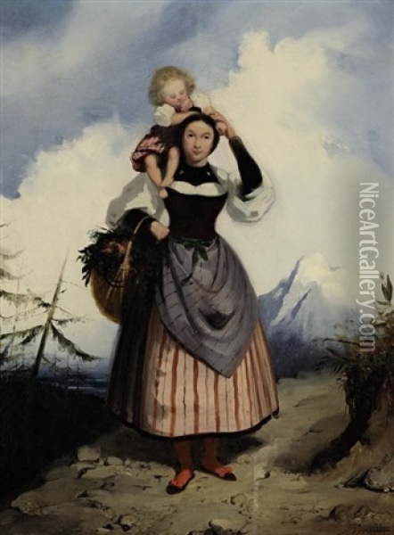 Mutter Mit Kind Auf Einem Gebirgspfad Oil Painting - Josef Ziegler