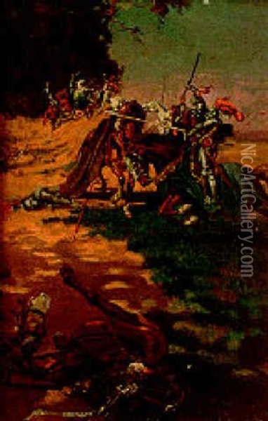 Combate Medieval Oil Painting - Alberto Pla y Rubio