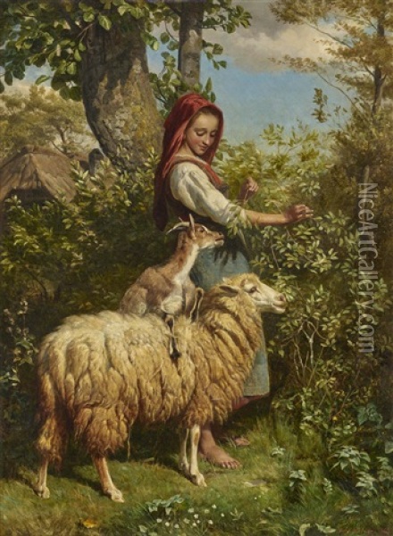 A Temptation Young Shepherdess With A Sheep And A Goat Oil Painting - Johann Baptist Hofner
