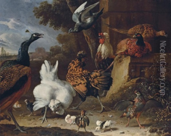 A Cockerel, Hens, Chicks, A Partridge, Pheasants, A Peacock And A Pigeon By A Wall In The Park Oil Painting - Melchior de Hondecoeter